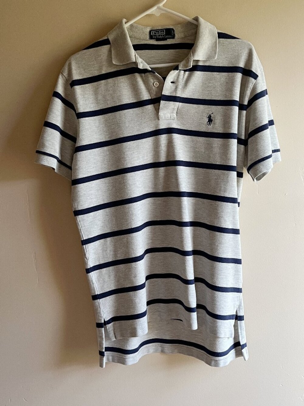 Ralph Lauren Grey Navy stripes rugby polo shirt sporty golf preppy casual